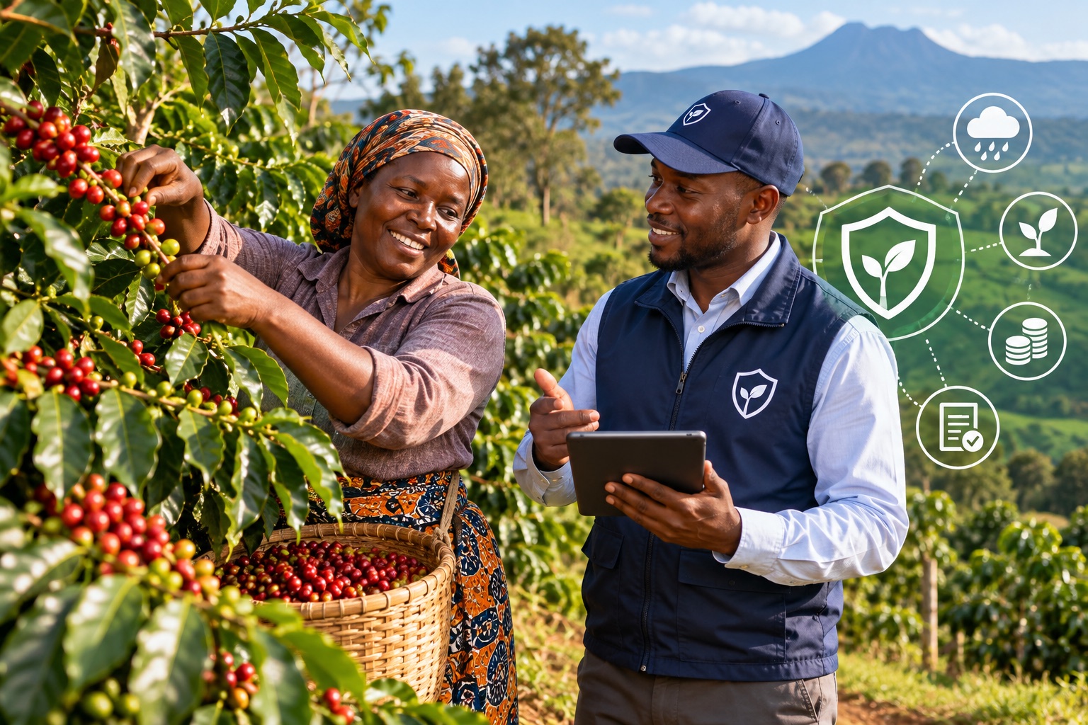 Coffee farmer harvesting cherries alongside a field agent holding a tablet